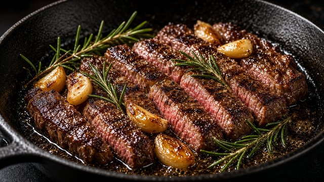 Sizzling sliced grilled steak with rosemary and garlic on a cast iron pan, original AI food wallpaper