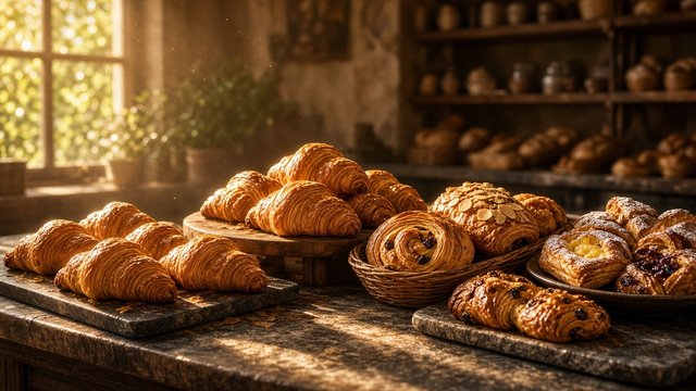 Golden croissants and pastries on a bakery counter in warm morning light, original AI food wallpaper