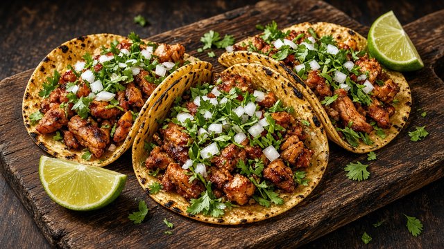 Three colorful street tacos with cilantro, onions and lime wedges on a rustic board, original AI food wallpaper