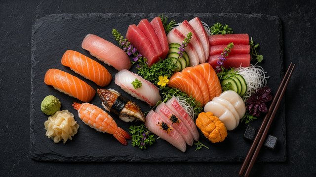 Elegant sushi and sashimi arranged on dark slate, chopsticks, top-down food photography, original AI food wallpaper
