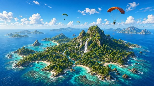 View of a lush tropical island from high in the sky with parachutes descending, game art style, original AI gaming wallpaper