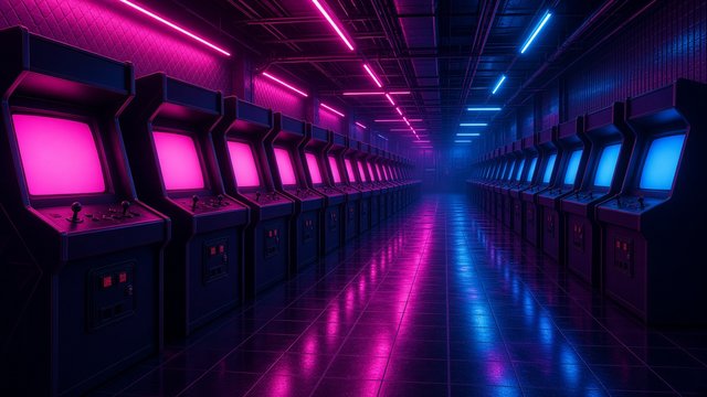 Retro arcade hall interior with rows of glowing unbranded cabinets, neon pink and blue light, blank screens, original AI gaming wallpaper