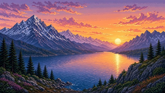 16-bit pixel art landscape of mountains and a lake at sunset, retro game style, no interface, original AI gaming wallpaper