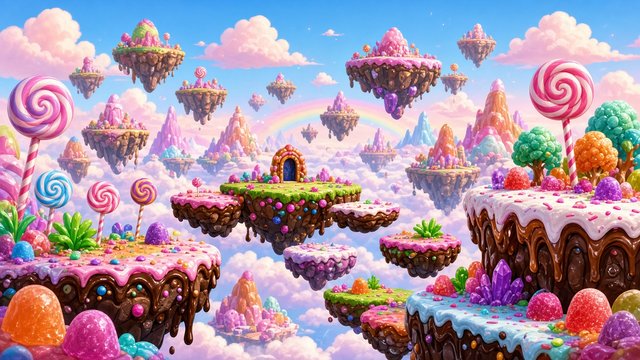 Bright original candy-themed platformer game world with floating platforms and lollipop trees, original AI gaming wallpaper