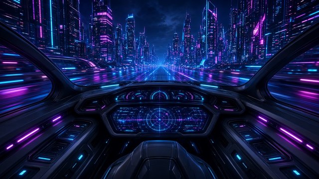 View from inside an original futuristic race car cockpit speeding through a neon city at night, original AI gaming wallpaper