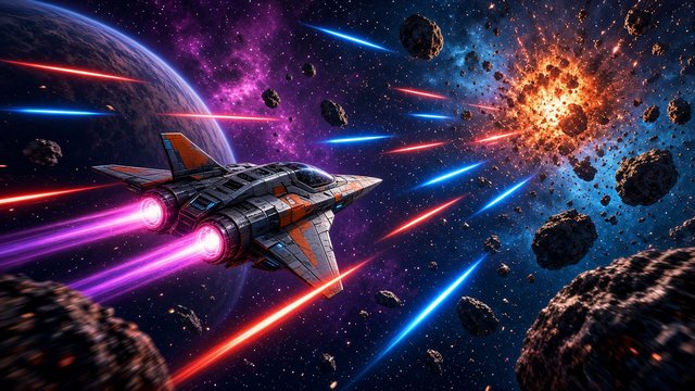 Original small starfighter dodging lasers and asteroids in a colorful space shooter game scene, original AI gaming wallpaper