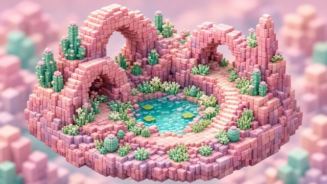 Tiny pastel voxel art diorama of a desert canyon with cacti, arches and a little oasis, smooth rounded miniature cubes, soft pink and teal palette, isometric view, original AI gaming wallpaper