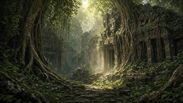 Ancient stone temple ruins overgrown with jungle roots and vines, shafts of sunlight, original AI history wallpaper
