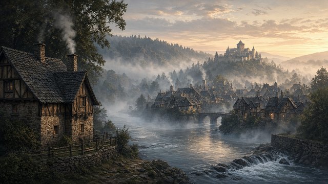 Medieval stone and timber village by a river at dawn, smoke from chimneys, mist, original AI history wallpaper