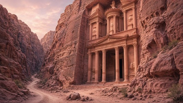 Ancient temple carved into a rose-colored sandstone cliff in a narrow desert canyon, original AI history wallpaper
