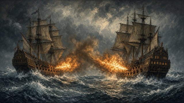Two wooden galleons exchanging cannon fire on stormy seas, smoke and waves, oil painting style, original AI history wallpaper