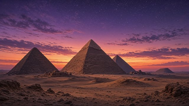 Ancient pyramids in the desert at dusk under a purple sky with the first stars, original AI history wallpaper