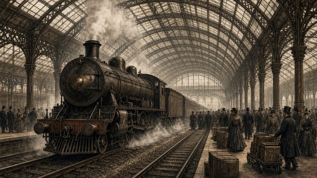 Bustling Victorian-era railway station with an unmarked steam locomotive and glass roof, sepia tones, original AI history wallpaper