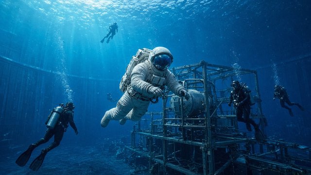 Adult astronaut in a suit training underwater in a huge blue pool with divers, original AI hobby wallpaper