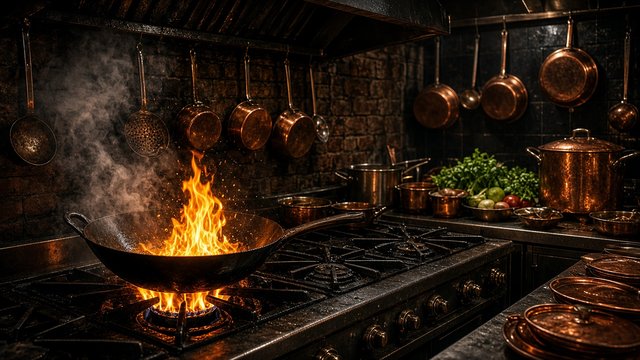 Professional kitchen with a flaming wok on the stove, steam and copper pans, no people visible, original AI hobby wallpaper