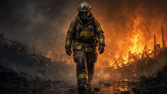 Adult firefighter in protective gear walking through smoke and orange glow, no logos, original AI hobby wallpaper