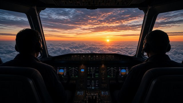 View from an airliner cockpit with adult pilots silhouetted against a sunset sky, unbranded, original AI hobby wallpaper