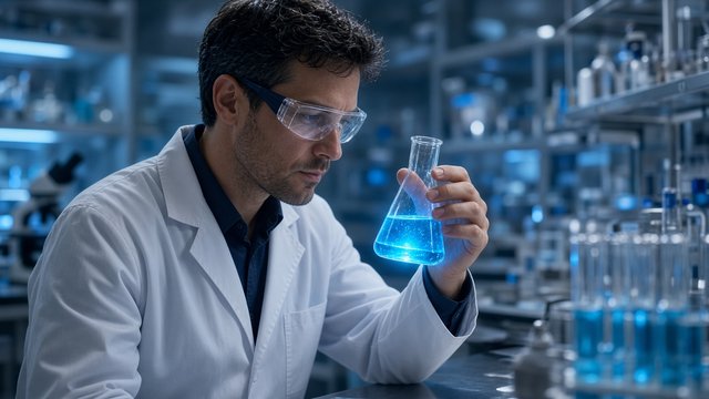 Adult scientist examining glowing blue liquid in a modern laboratory, original AI hobby wallpaper