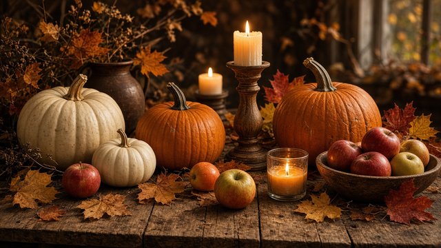 Rustic wooden table with pumpkins, apples, candles and autumn leaves, warm cozy light, original AI holiday wallpaper