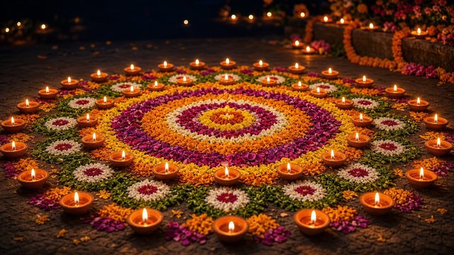Rows of small glowing clay oil lamps around colorful flower petal patterns on a festive night, original AI holiday wallpaper