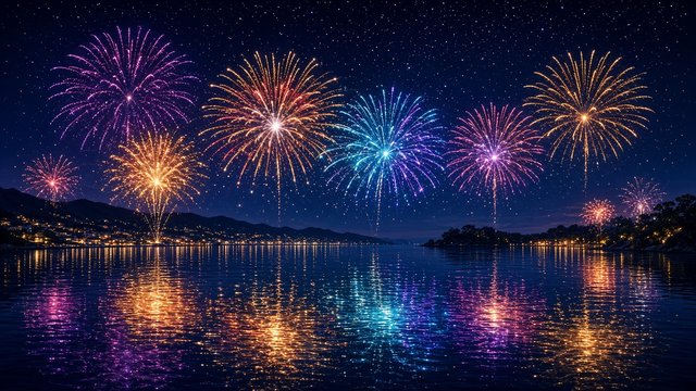 Colorful fireworks bursting over a calm bay with reflections, celebratory night, original AI holiday wallpaper
