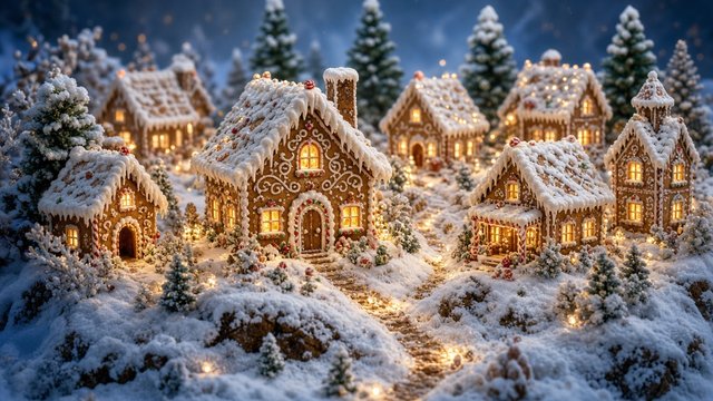 Miniature gingerbread house village covered in icing snow with tiny lights, original AI holiday wallpaper