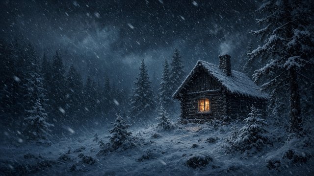 Small wooden cabin with glowing window barely visible through a heavy blizzard at night, original AI mood wallpaper