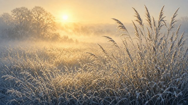 Frost-covered meadow grasses glittering in low golden morning sunlight with mist, original AI mood wallpaper