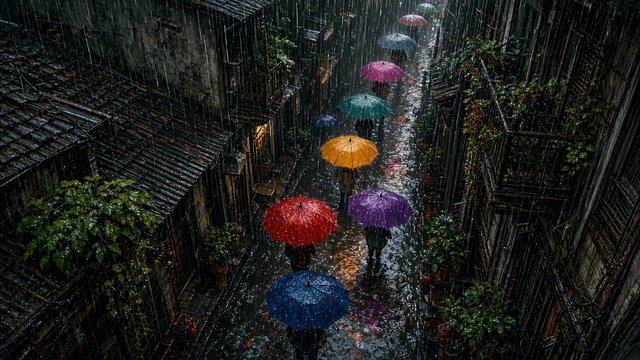 Heavy monsoon rain on a narrow street with colorful umbrellas seen from above, original AI mood wallpaper