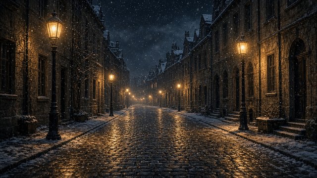Gentle snowfall on an empty cobblestone street lit by warm old street lamps at night, no signs, original AI mood wallpaper