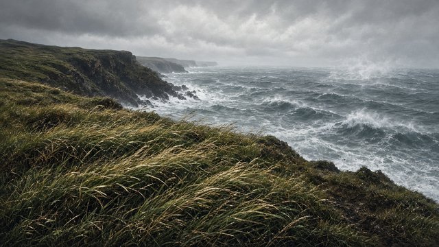 Long grass whipped by strong wind on a cliff edge above a grey churning sea, original AI mood wallpaper
