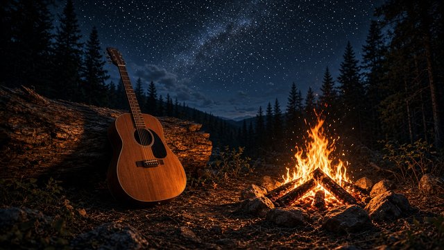 Acoustic guitar leaning against a log beside a crackling campfire under a starry sky in the woods, original AI music wallpaper