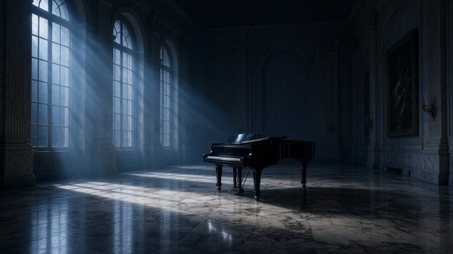 Black grand piano alone in an empty marble hall lit by moonlight streaming through tall windows, original AI music wallpaper