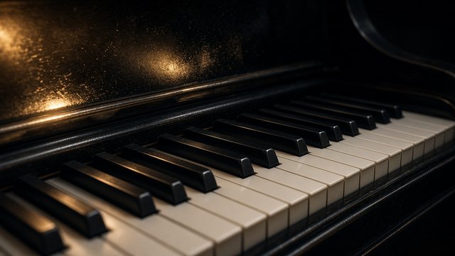 Dramatic close-up of grand piano keys in low light, black and white with warm highlights, original AI music wallpaper
