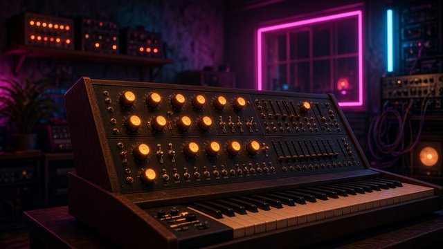 Unbranded vintage analog synthesizer with glowing knobs in a retro music studio with neon accents, original AI music wallpaper