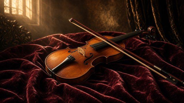 Violin and bow resting on velvet in warm window light, classical mood, no sheet music, original AI music wallpaper