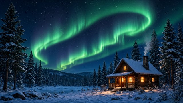 Small lit wooden cabin in a snowy pine forest beneath vivid green aurora ribbons, cozy winter night, original AI nature wallpaper