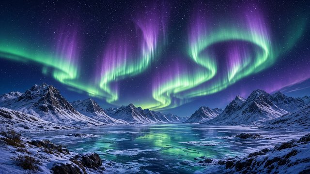 Green and violet aurora borealis swirling over snowy mountains and a frozen fjord, starry night, original AI nature wallpaper