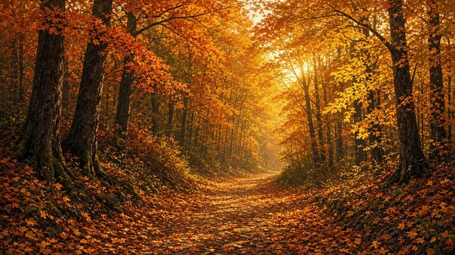 Leaf-covered path winding through a forest of orange and yellow autumn trees, warm low sunlight, original AI nature wallpaper