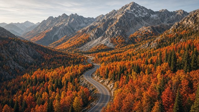 Winding empty mountain road through blazing orange and red autumn aspen forest beneath rugged grey peaks, aerial photograph, original AI nature wallpaper