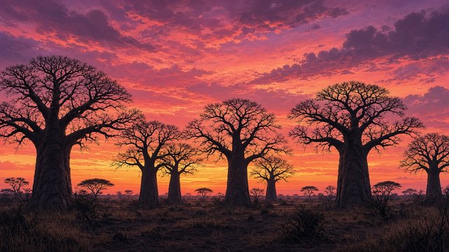 Row of giant baobab trees silhouetted against a glowing pink and orange savanna dusk sky, original AI nature wallpaper