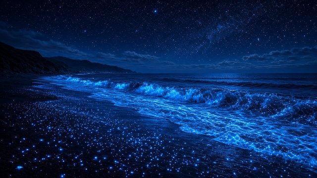 Waves glowing electric blue with bioluminescent plankton on a dark beach under stars, original AI nature wallpaper