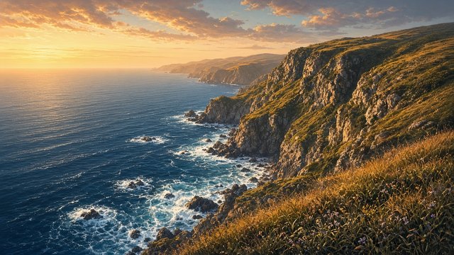 Grassy coastal cliffs dropping into deep blue ocean at golden hour, waves breaking on rocks below, sweeping view, original AI nature wallpaper