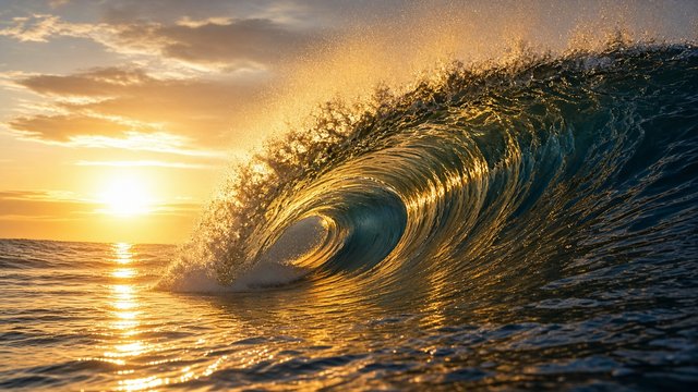 Powerful glassy ocean wave curling and backlit gold by the setting sun, spray glowing, low-angle seascape photograph, original AI nature wallpaper