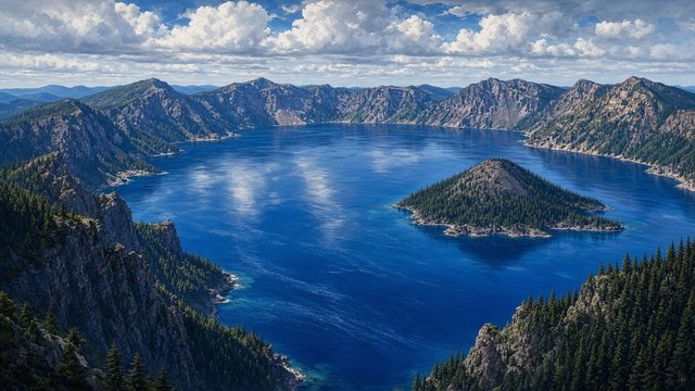 Deep sapphire blue lake filling a volcanic caldera ringed by forested cliffs, original AI nature wallpaper