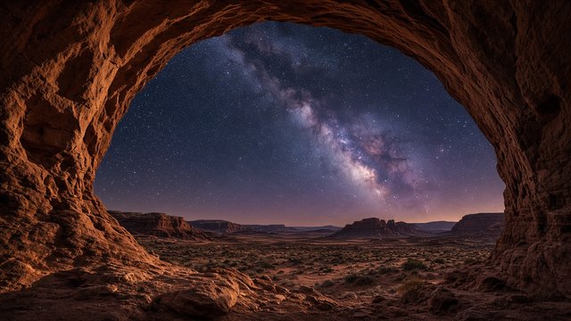 Red sandstone rock arch framing the Milky Way in a desert night sky, faint light painting on rocks, original AI nature wallpaper
