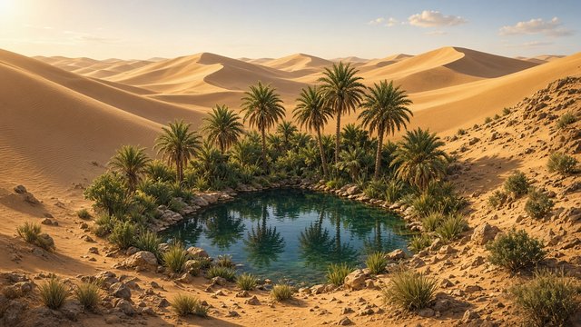 Small green oasis pond with date palms nestled between golden sand dunes, warm afternoon light, no people, original AI nature wallpaper