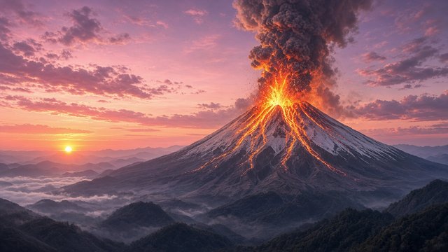 Distant stratovolcano erupting with glowing lava fountains and a tall ash plume against a pink sunrise sky, original AI nature wallpaper