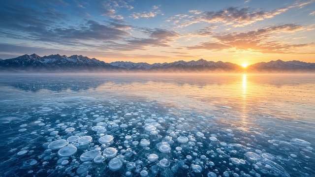 Clear frozen lake surface with trapped white ice bubbles in the foreground and mountains on the horizon at sunrise, original AI nature wallpaper