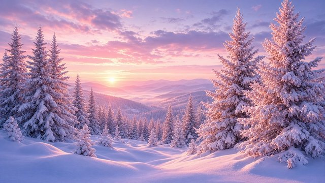 Frost-covered pine trees glittering in pink sunrise light after a heavy snowfall, untouched snow, original AI nature wallpaper
